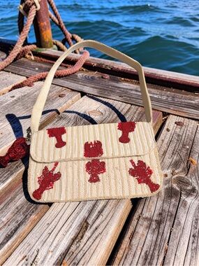 Beaded Cream Shoulder Bag with Red Embellishments